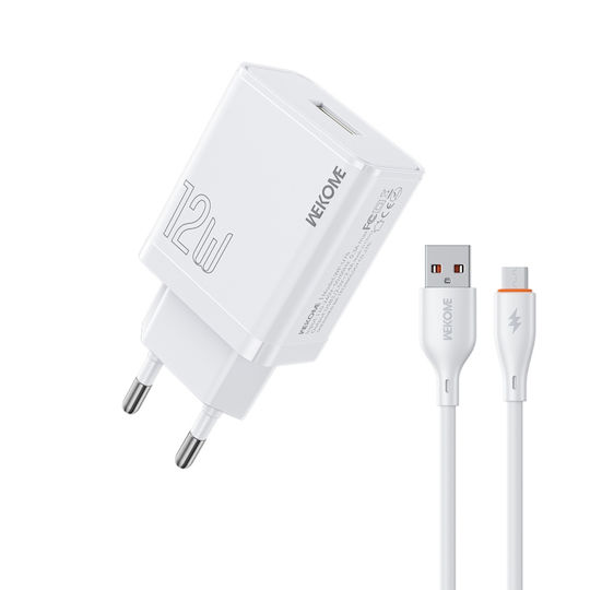 WK Φορτιστής GaN με Θύρα USB-A και Καλώδιο USB-C 12W Quick Charge 3.0 Λευκός (WP-U76)
