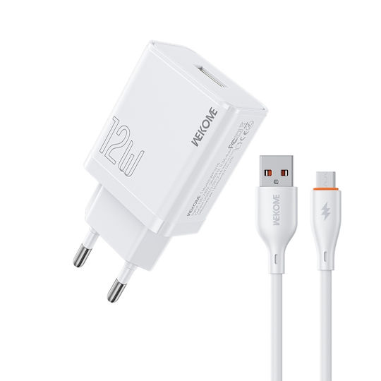 WK Φορτιστής GaN με Θύρα USB-A και Καλώδιο micro USB 12W Quick Charge 3.0 Λευκός (WP-U76)