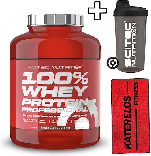 Scitec Nutrition 100% Whey Protein Professional 2350g Salted Caramel & Katerelos Fitness Sports Towel 100x50cm Red Black & Scitec Nutrition Shaker 700ml Red Custom Bundle