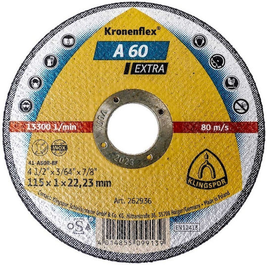 Disc De Tăiere Klingspor A60 Extra Oțel Inoxidabil 115 X 1 X 22.23mm D 262936