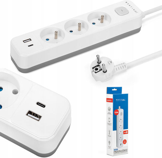 Montis Захранваща Лента 3 Гнезда с USB-A и Кабел 5m