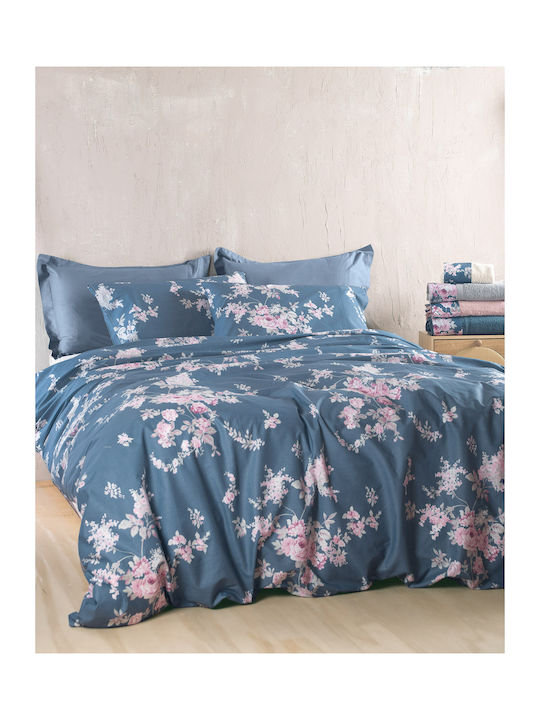 Rythmos Σετ Παπλωματοθήκη Βαμβακερή 225x250cm Υπέρδιπλη με 2 Μαξιλαροθήκες Springtime Μπλε Σκουρο