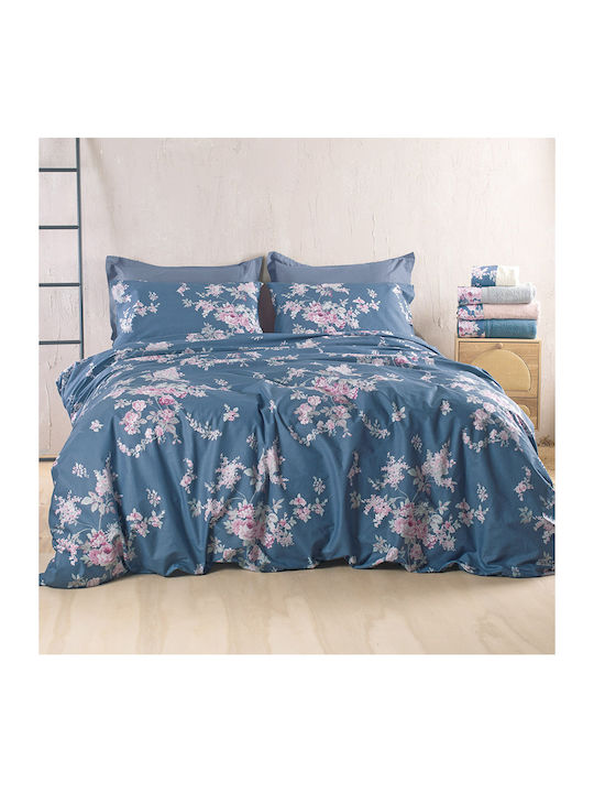 Rythmos Σετ Παπλωματοθήκη Βαμβακερή 160x250cm Μονή με Μαξιλαροθήκη Springtime Μπλε Σκουρο
