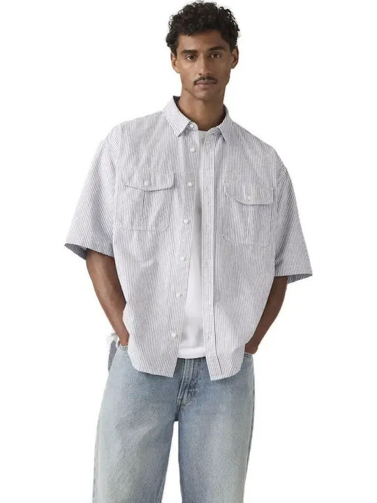 Short Sleeve Cotton Shirt Regular Fit Striped Black & White