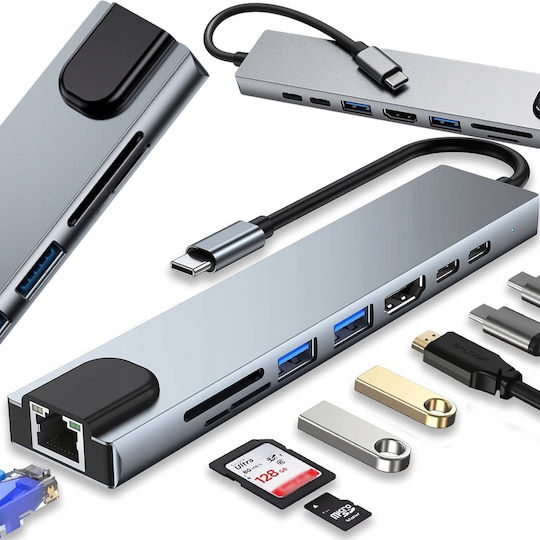 USB 3.0 Hub 10 Ports with USB-A / Ethernet Connection & Gray Charging Port