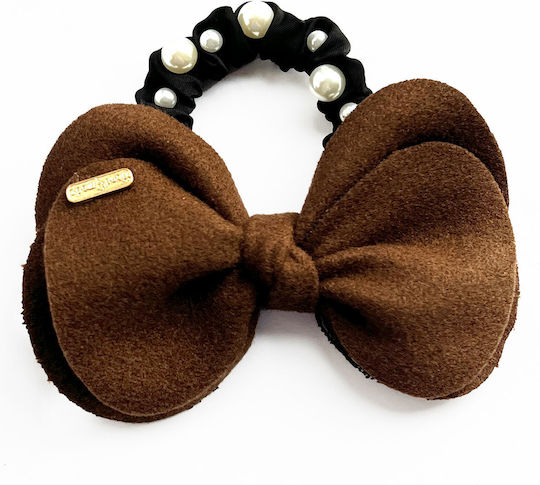 Avizar Scrunchie Elegant Hair In Satin Bow Pearls Refined Brown Brown