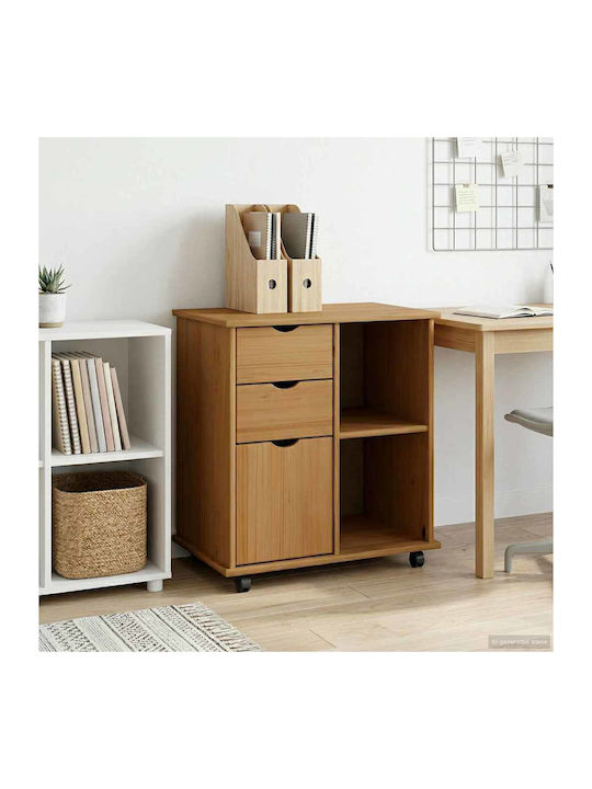 Office Cabinet Made of Solid Wood with Wheels & Drawers Brown 63.5x39x65.5cm