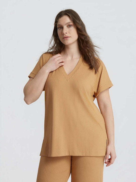 Bluza Damă Mâneci Scurte cu Decolteu în V Bej