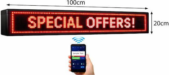 Wifi Κυλιόμενη Πινακίδα LED Μονής Όψης Αδιάβροχη 100x20cm Κόκκινο