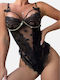 Bodysuit Sexy Intim Erotic Lenjerie Din Material Solid Tip Corp Semi-transparent Șifon Dantelă Lanțuri Metalice Fundițe Bretele Reglabile Imprimeu Inimă Negru