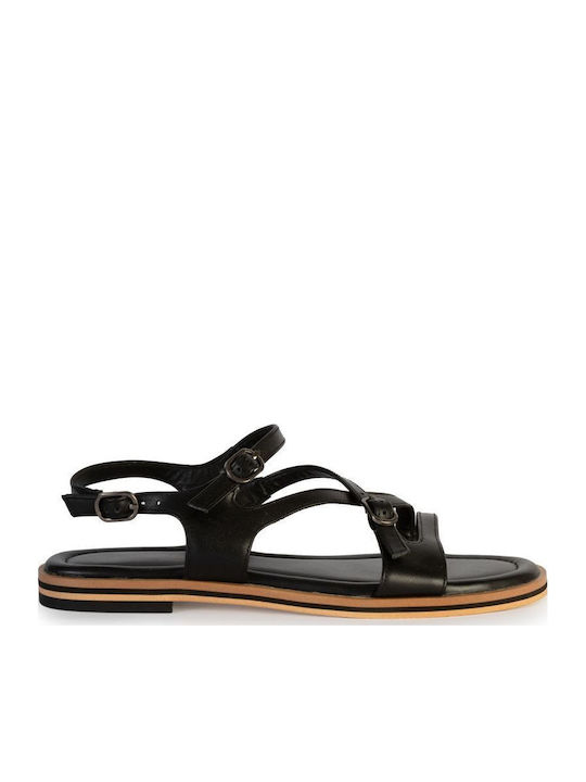 19V69 Leder Flache Damen Sandalen Schwarz