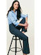 Women's Fabric Trousers in Regular Fit Striped Blue