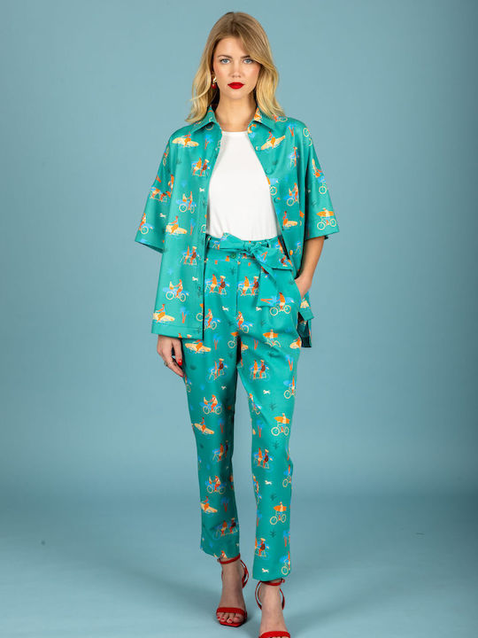 Women's Fabric Trousers in Regular Fit Green