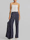 Women's High Rise Fabric Trousers in Straight Leg Striped Blue