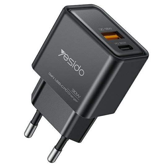 Yesido Incarcator Fara Cablu GaN cu Port USB-A si Port USB-C 30W Power Delivery Negru