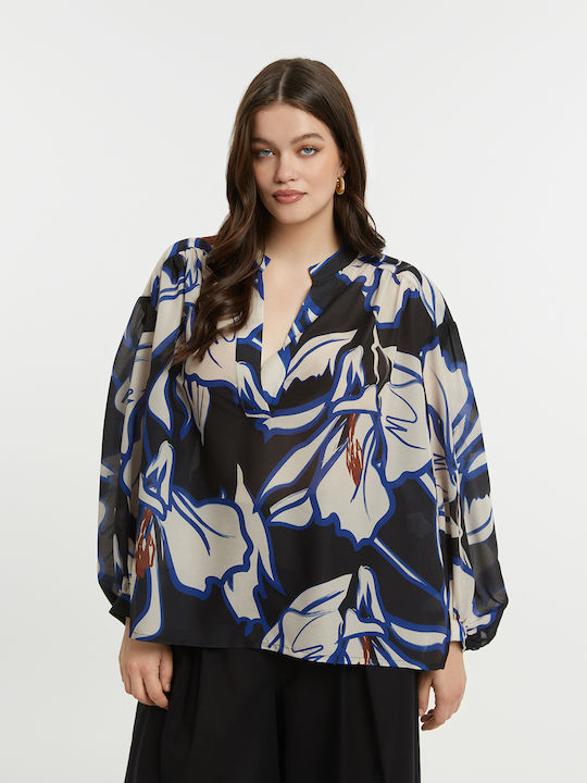 Women's Long Sleeve Floral Blue Blouse 8501.1046.1-Royal Blue