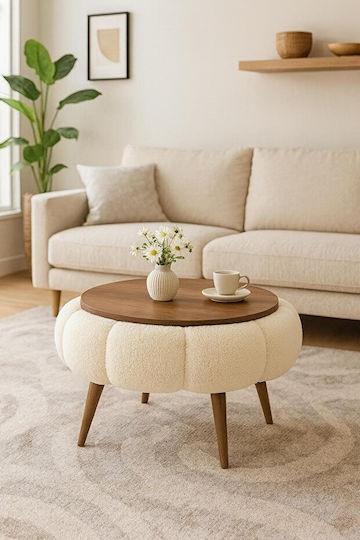 Moderner Runder Kaffeetisch für das Wohnzimmer Gepolstert - Creme 60x60x44cm