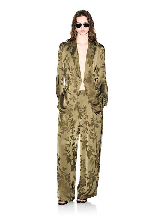 Armani Exchange Γυναικεία Ψηλόμεση Σατέν Παντελόνα Straight Floral Χακι