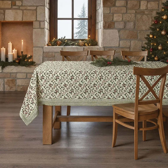 Phos & Gaia Christmas Tablecloth Fabric Stain Resistant Flowers & Branches 250x155cm