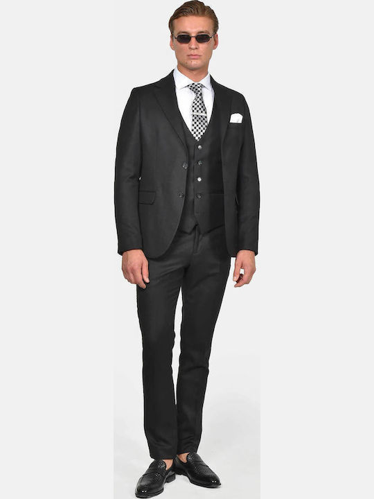 Winter Men's Suit with Vest Slim Fit Black