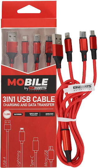 Einparts Cablu 3-în-1 12m 3A USB-C Micro USB Lightning Lungă Durabilitate