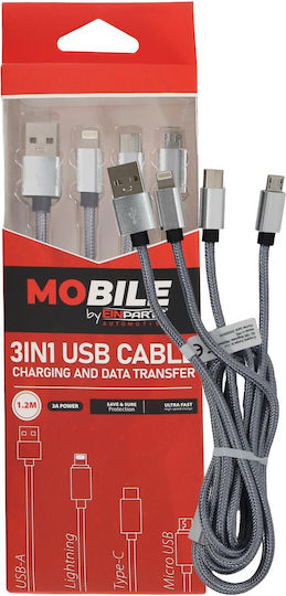 Einparts 3-in-1 12m 3a Cable Usb-c Micro Usb Lightning Nylon