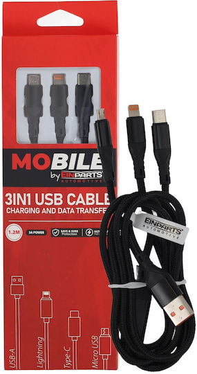 Einparts Cablu 3in1 12m 3A La USB-C Micro USB Lightning Sleeve
