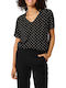 Women's Blouse with V-Neckline Black Polka Dot