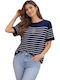 Damen Crop Baumwolliger Gestreifter Bluse Blau