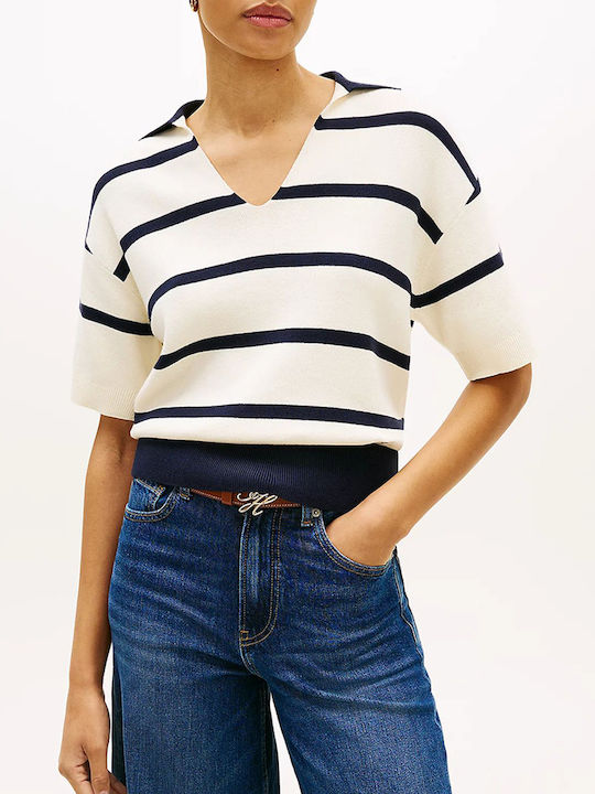 Women's Cotton Short Sleeve Striped Navy Blue Top