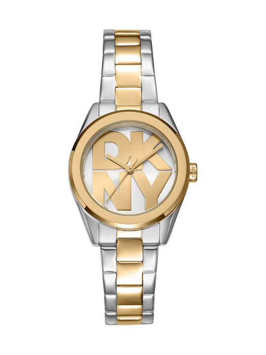 DKNY Logo Womens Battery Watch with Yellow Metal Bracelet