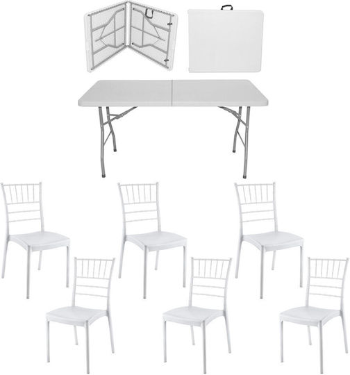 Set De Mobilier Pentru Catering Evenimente Raki Masă Pliabilă Tip Valiză Dreptunghiulară 152x76xh73.5cm 6 Scaune 44x42xh92cm Plastic Metal Alb