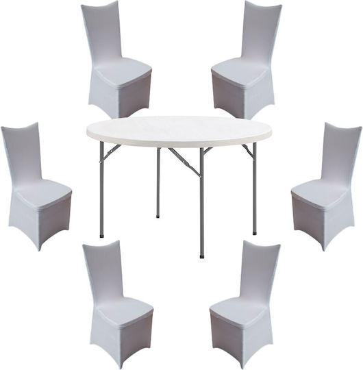 Set De Mobilier Pentru Catering Evenimente Raki Masă Rotundă Pliabilă D152xh74cm Blat Complet 6 Scaune 44x42xh92cm Huse Textile Plastic Metal Alb