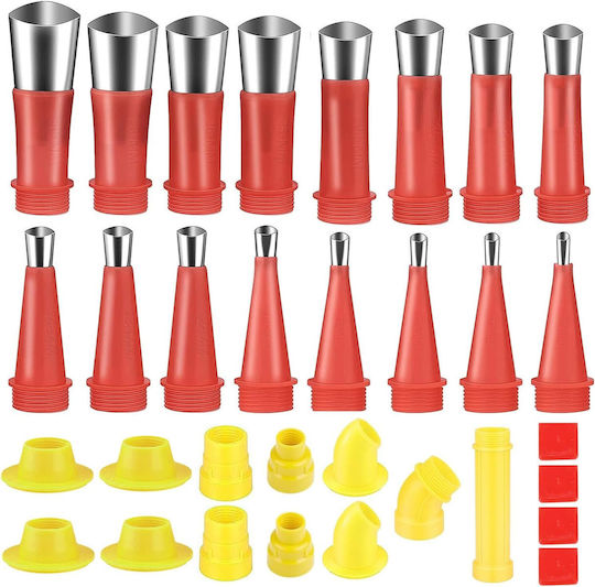 Set 32 Accesorii Pentru Aplicarea Siliconului Neted Duze Universale Zola Diverse Dimensiuni 5-35 Mm Reutilizabile Plastic Oțel Inoxidabil Roșu Galben