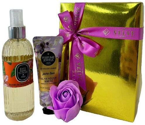 Set Eyup 150ml Eau De Cologne 50ml Cremă De Mâini Și Corp Din Gama Eyup Sabri-tuncer Săpun Cu Trandafiri În Cutie Elegantă Mov