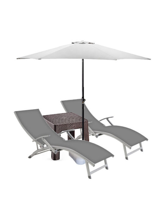 Șezlong Aluminiu Gri Set Cu Masă 2 Buc 170x52cm