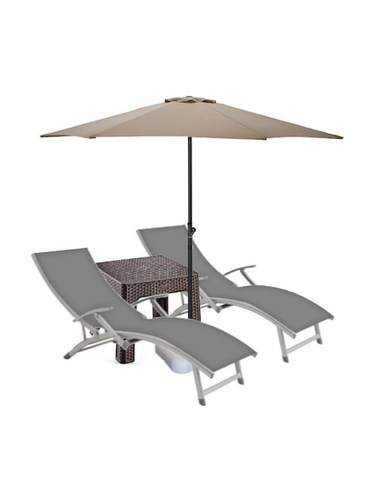 Șezlong Aluminiu Gri Set Cu Masă 2 Buc 170x52cm
