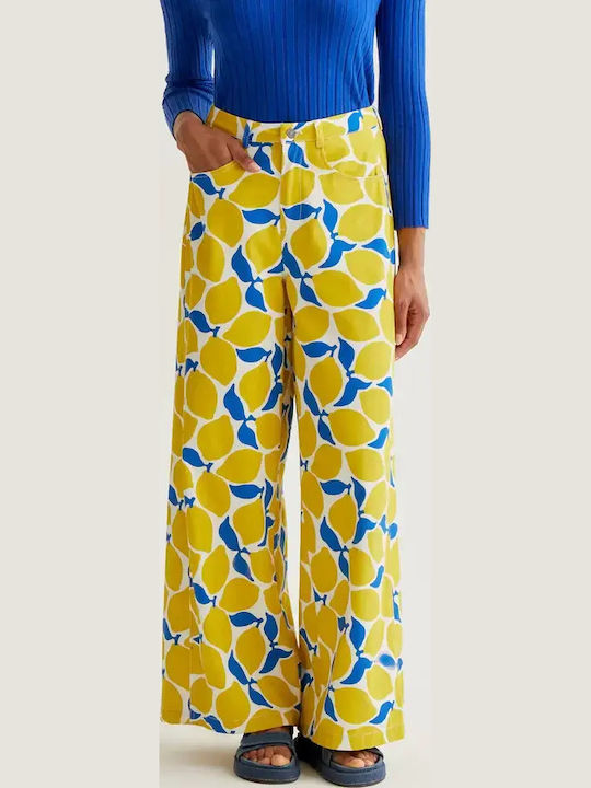 Women's High Rise Fabric Trousers in Wide Leg Style White/lemon