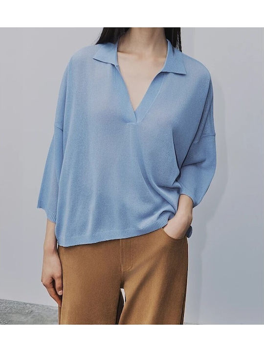 Women's Blouse with 3/4 Sleeve and V-Neck Sky Blue