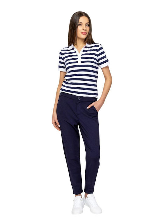 Women's Fabric Trousers with Rubber Band in Slim Fit Blue