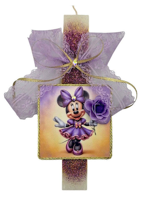 Λαμπάδα Χειροποίητη Πλακέ Αρωματική Minnie Mouse Λιλά Δαντέλα Καδράκι 25 Εκ