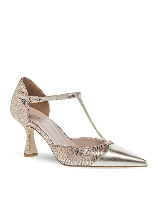 Leder Spitze Zehe Pumps mit Riemen Gold Damen