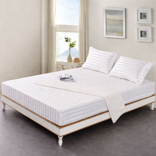 Fitted Bed Sheet 160x200cm Made Hotel Damask 3 Cm Stripe White