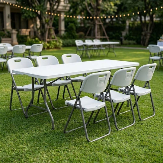Kunststoff Garten- und Terrassentisch Verpflegung Außenbereich Zusammenklappbar mit Metallrahmen Capri Weiß Eisblau 198x90x74cm