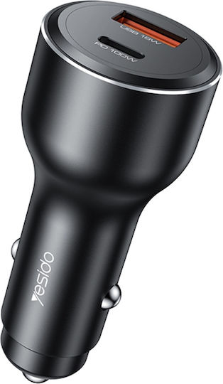 Yesido Încărcător Auto Cu Mufă De Brichetă 100W Încărcare Rapidă Cu Porturi 1xUSB-A 1xType-C Culoare Neagră