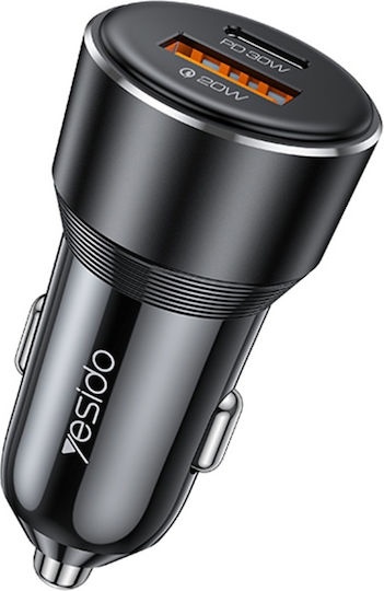 Yesido Încărcător Auto Cu Mufă De Brichetă 30W Încărcare Rapidă Cu Porturi 1xUSB-A 1xType-C Culoare Neagră
