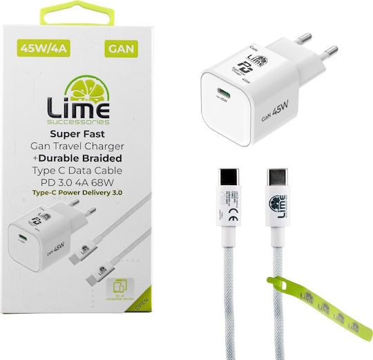Lime Φορτιστής GaN με Θύρα USB-C και Καλώδιο USB-C - USB-C 45W Power Delivery / Quick Charge 3.0 Λευκός (Super Fast)