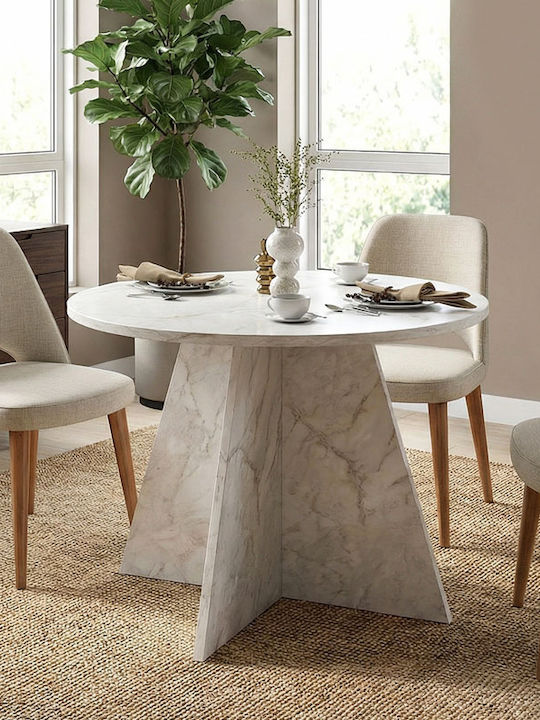 Tailor Round Dining Room Table Wooden White Marble Effect 100x100x75.7cm