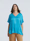 Women's Blouse Short Sleeve with V-Neckline Turquoise
