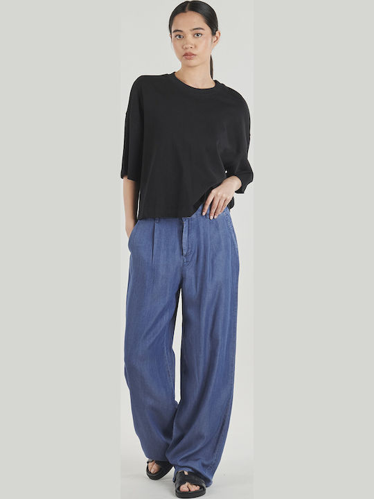 Pantaloni Dama Din Țesătură Cu Pantaloni Evazați Albastru
